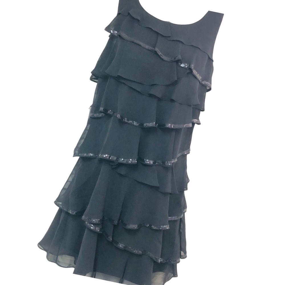 NWT Calvin‎ Klein Black Sequin Tiered Ruffle Dress LBD Whimsigoth  Womens 2P